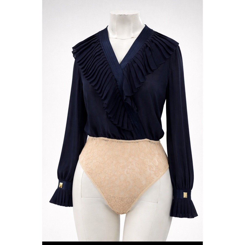 Bill Blass Evening Navy Pleated Neckline Cuff Lace Bottom Sleeves Bodysuit Sz 12